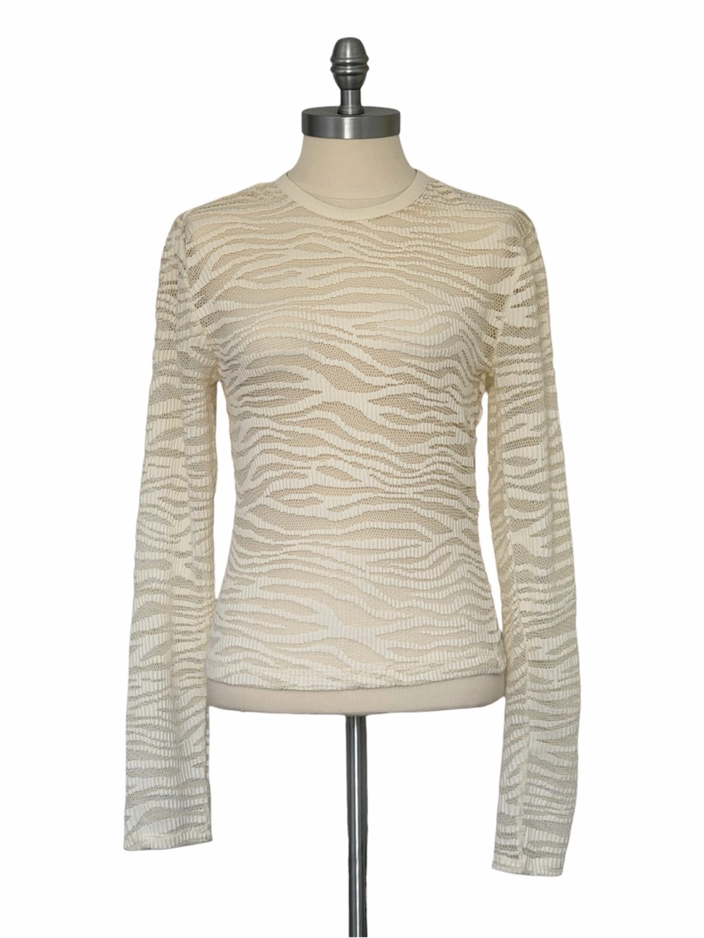 Just Polly NWT Cream Sheer Lace Textured Zebra Print Long Sleeve Crewneck Top M